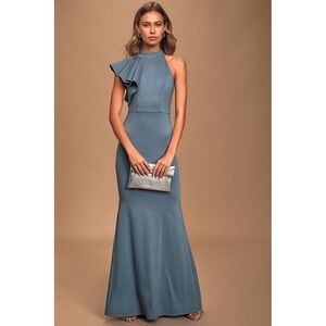 Lulus‎ Margaux Slate Blue One-Shoulder Ruffle Maxi Dress Sz XS Formal Guest